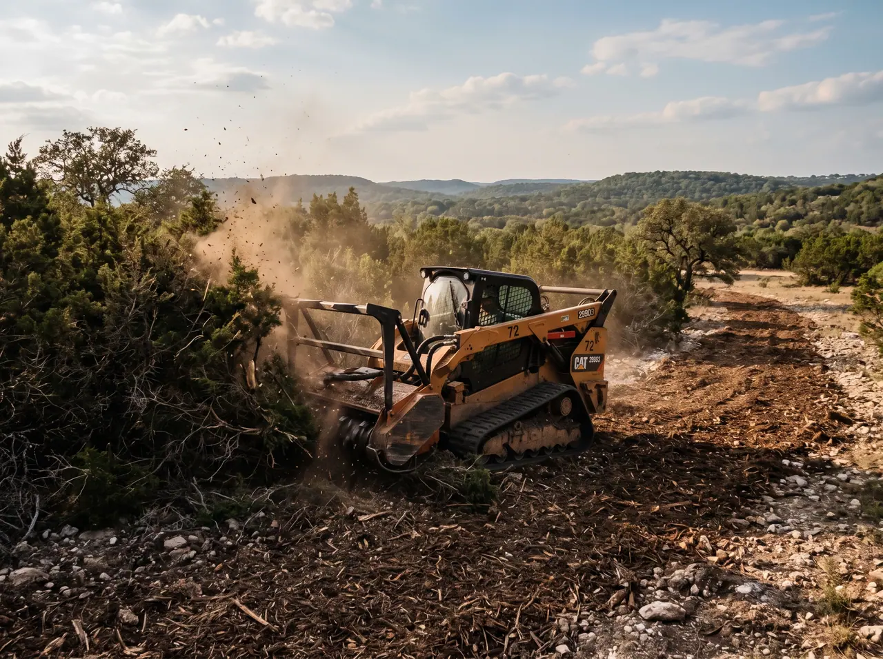 Forestry mulcher clearing dense cedar on hill country acreage