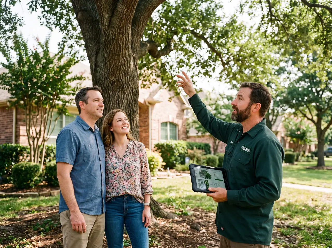 Certified arborist with a tablet explaining a tree assessment to homeowners in their front yard